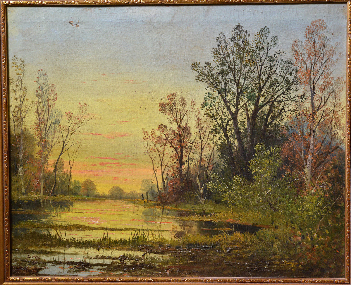 Italian landscape Mysterious autumn at sunset Antique oil painting Signed Zago