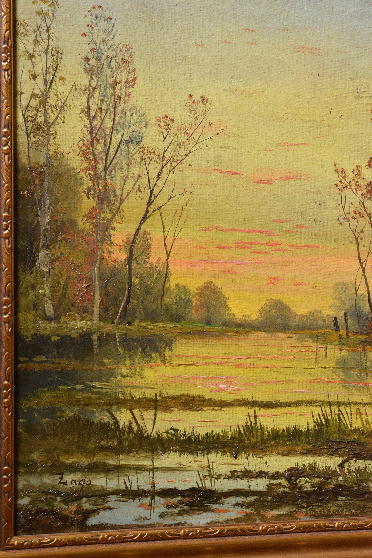 Italian landscape Mysterious autumn at sunset Antique oil painting Signed Zago