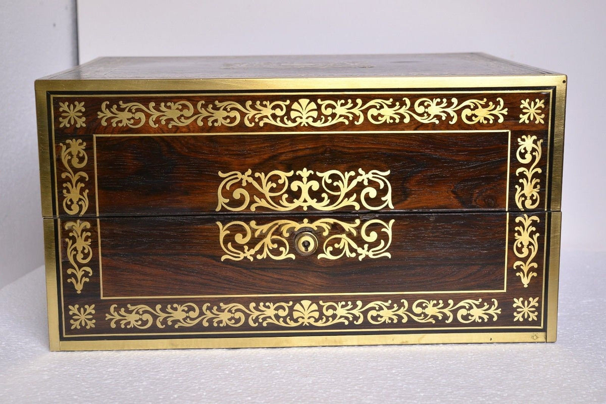 Important British antique brass marquetry toilette box w many drawers