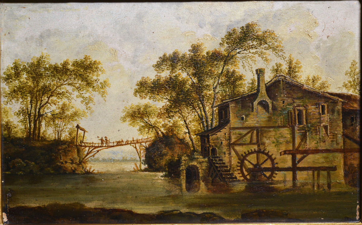 Italian Landscape Fancy Watermill n Bridge 19th century Oil Painting