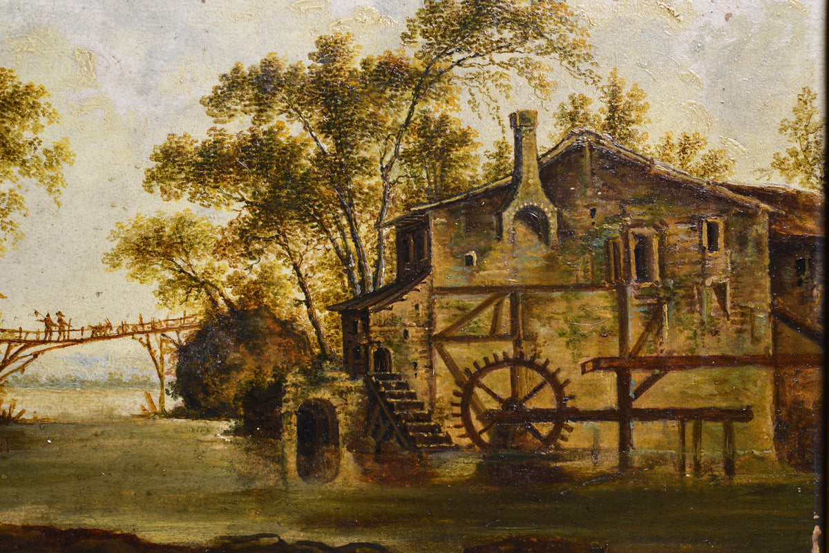 Italian Landscape Fancy Watermill n Bridge 19th century Oil Painting