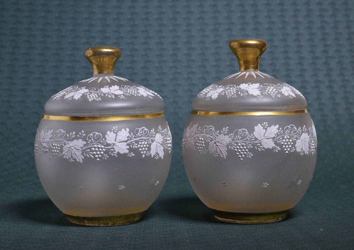 Pair of handpainted frosted glass and gold Jam or candy jars ca 1900 antique