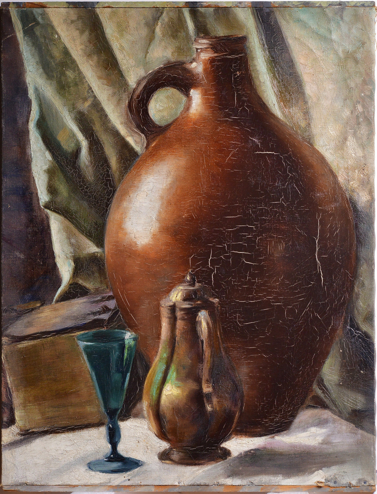 Modernist Still Life w big clay jug early 20C antique oil painting