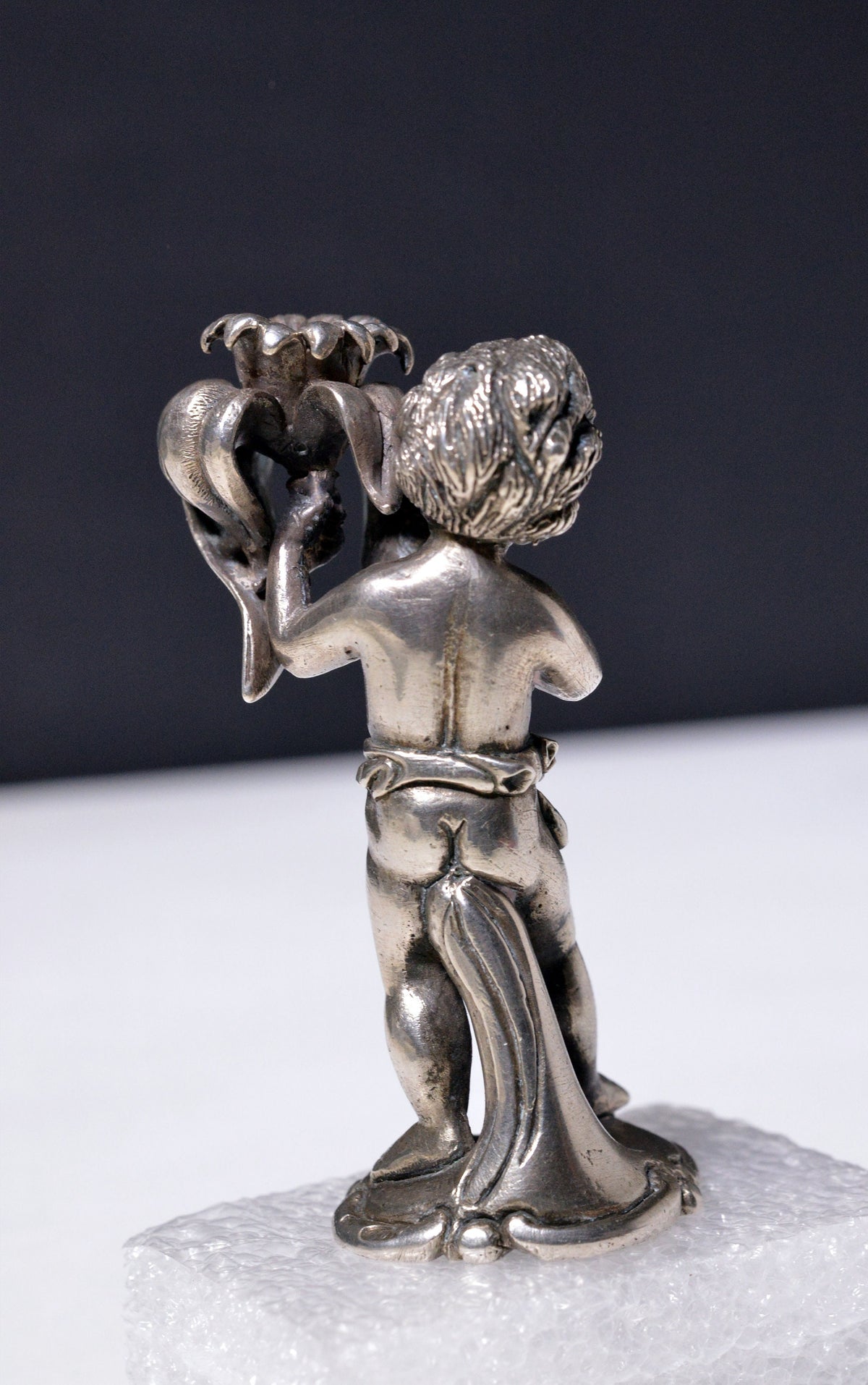 Late 19C antique miniature silver candlestick figurine child boy Putto