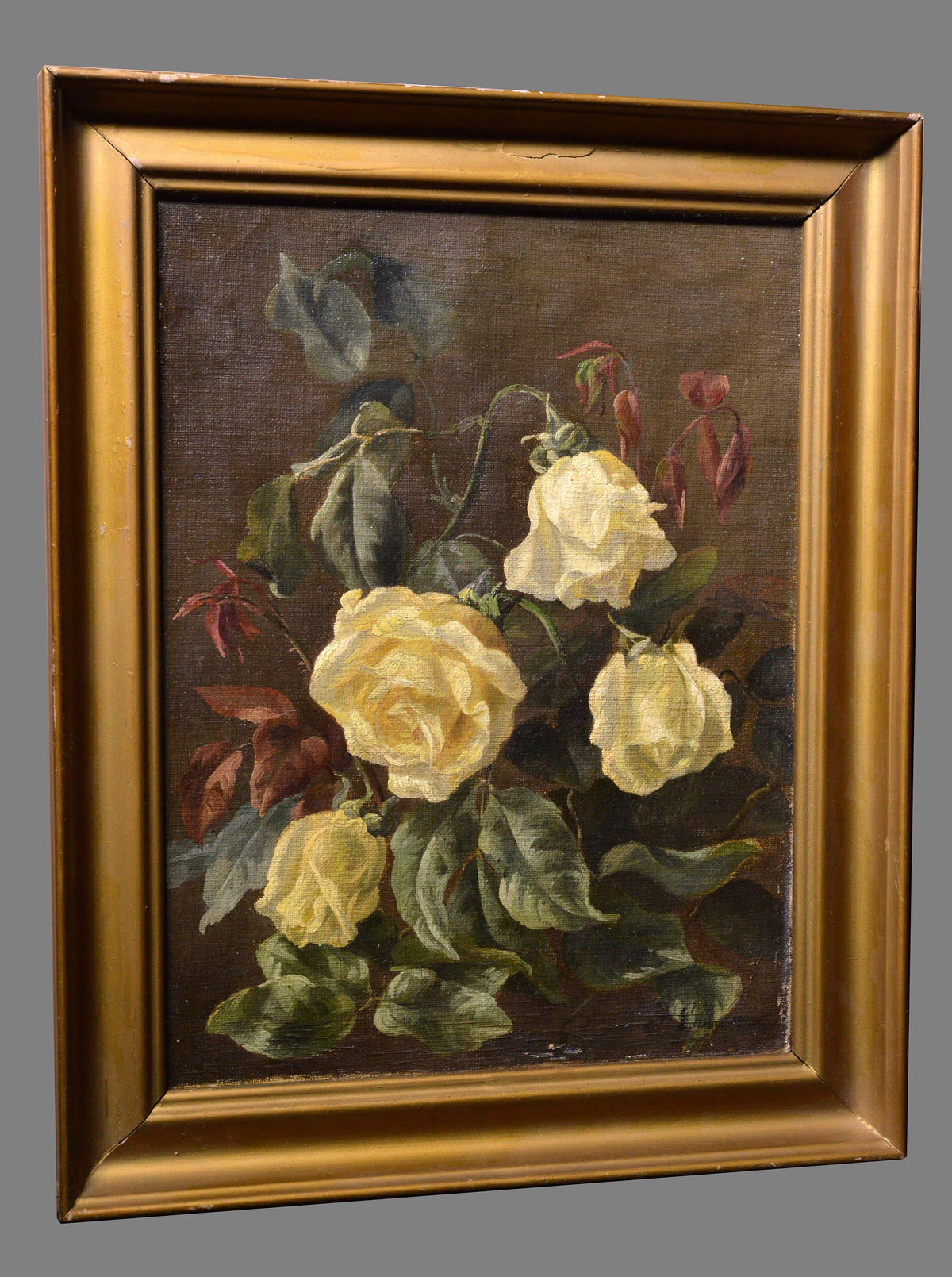 Still life Bouquet of white roses 19th century Oil painting n frame Signed