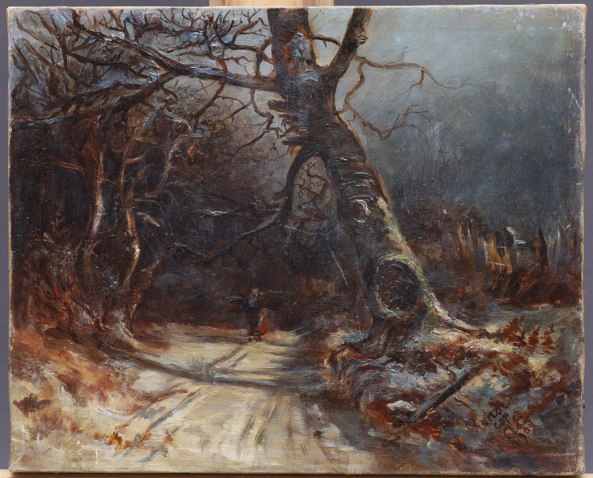 1904 Swedish Impressionist n Barbizon Style Oil Painting, Mysterious Winter Road