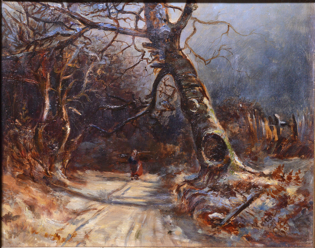 1904 Swedish Impressionist n Barbizon Style Oil Painting, Mysterious Winter Road