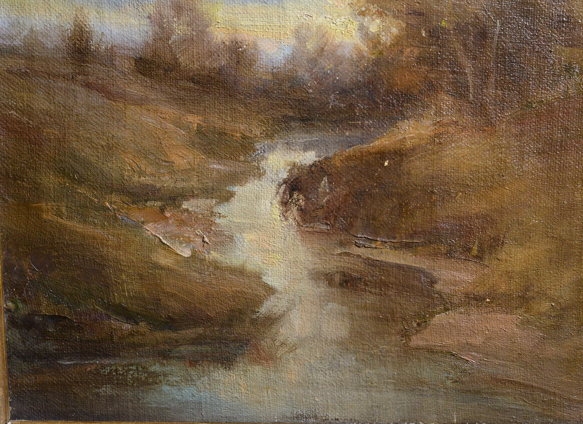 French Antique Landscape Study by L. Lefevre Sunset on Rivulet