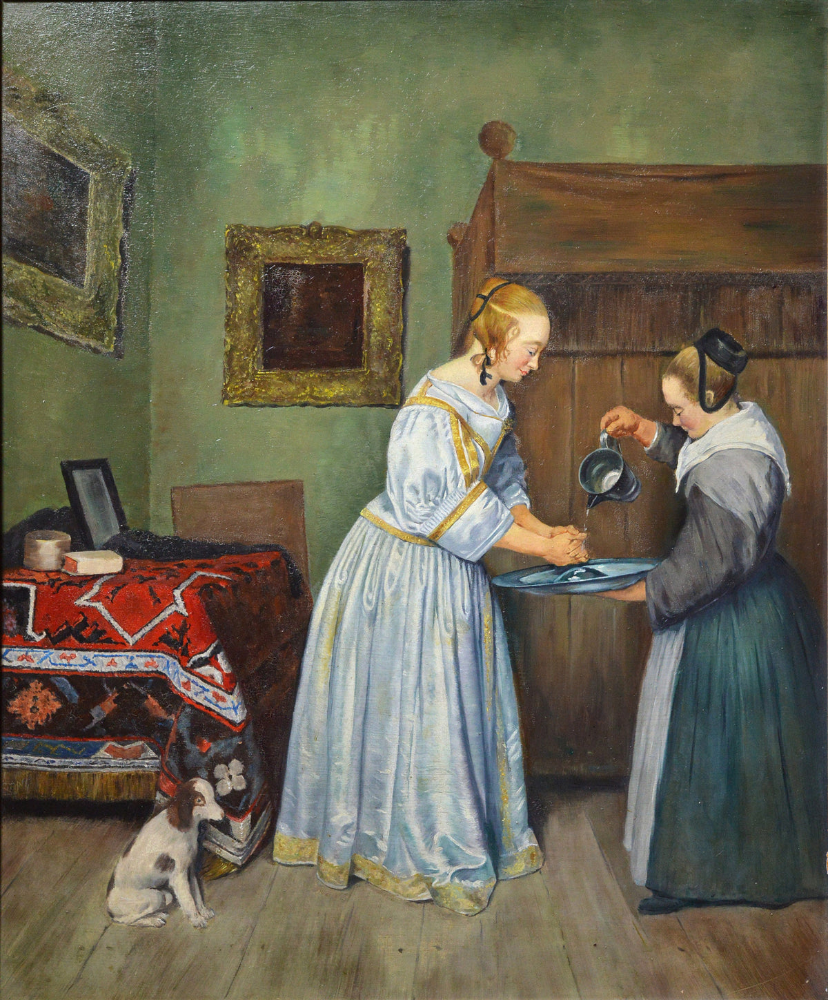 Interior scene of Handwashing Vintage quality oil painting Old masters style