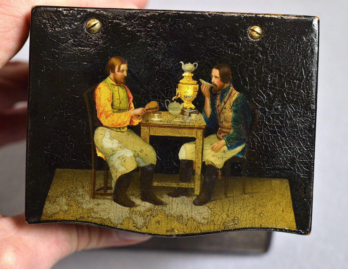 Antique russian 19C rare match holder hand painted lacquer box