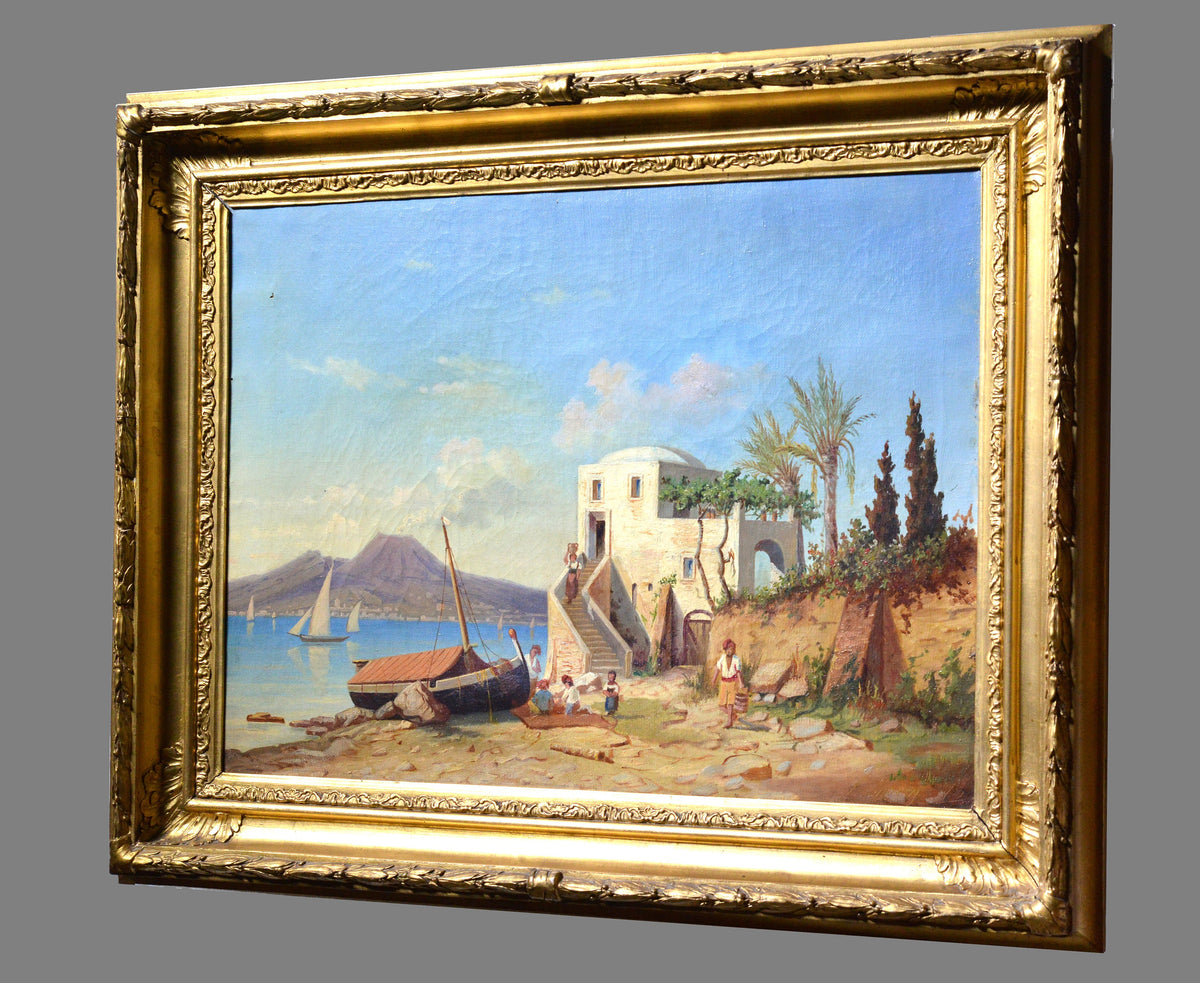 Nice and sunny Vesuvius view w sailing fishing boats signed 1878 antique oil