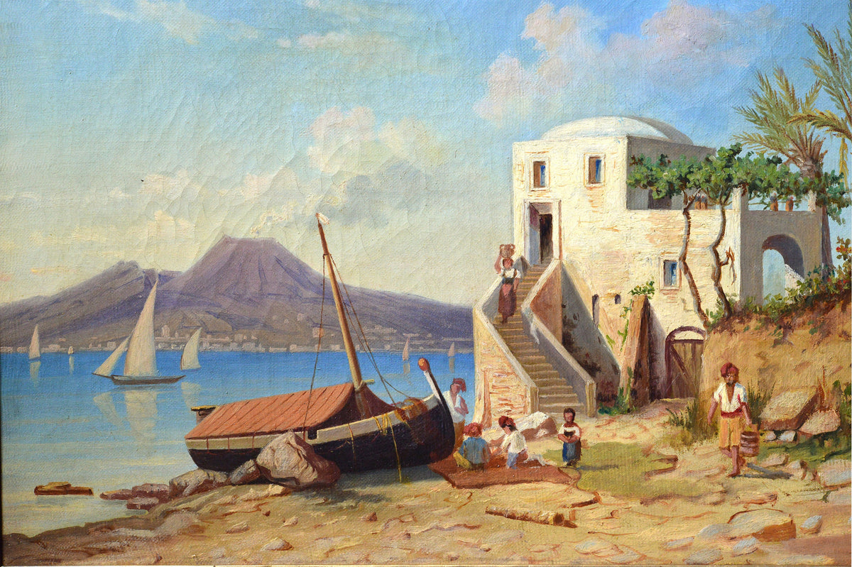 Nice and sunny Vesuvius view w sailing fishing boats signed 1878 antique oil