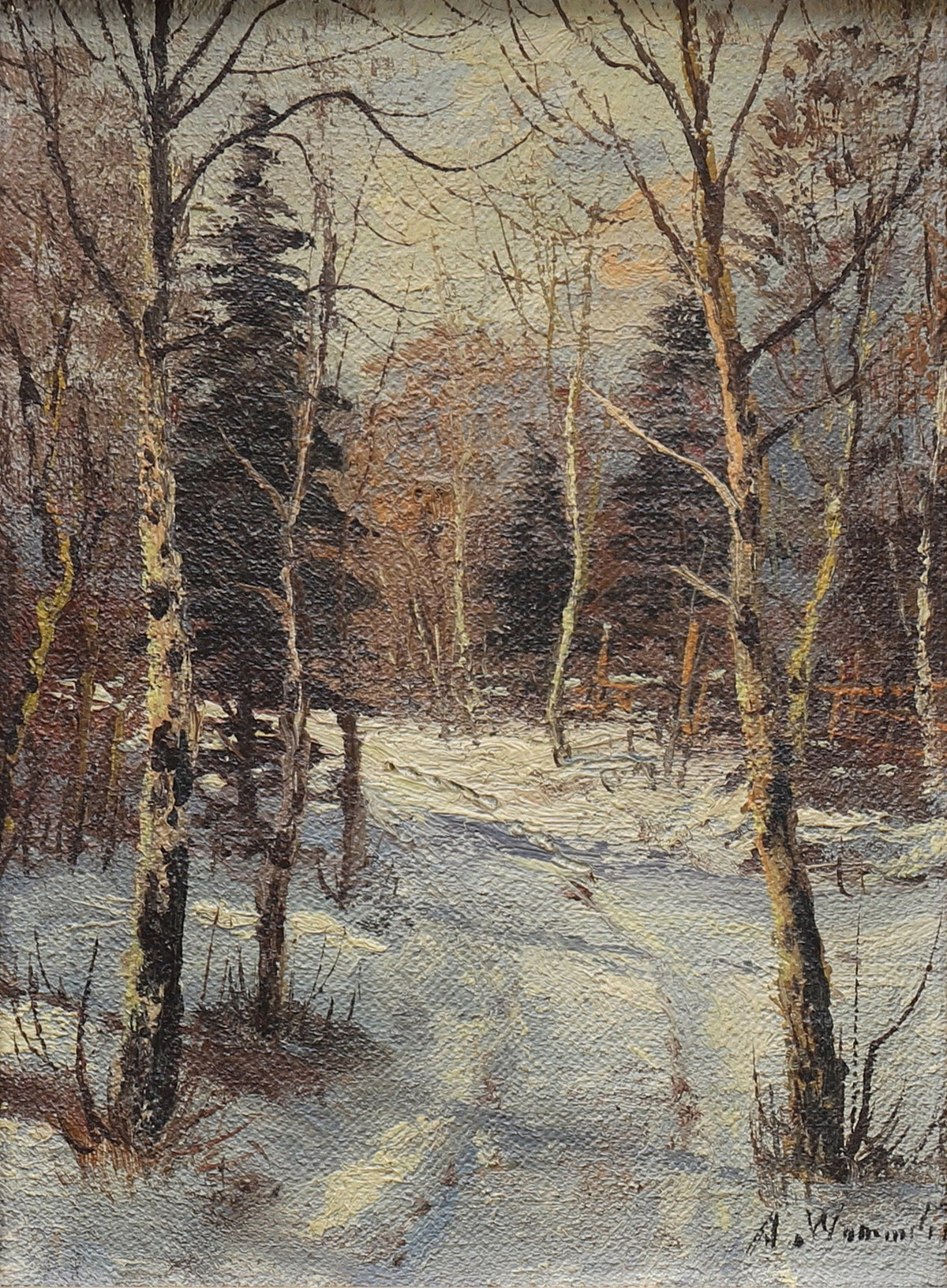 Winter forest w birches German landscape Signed pro painter Oil painting