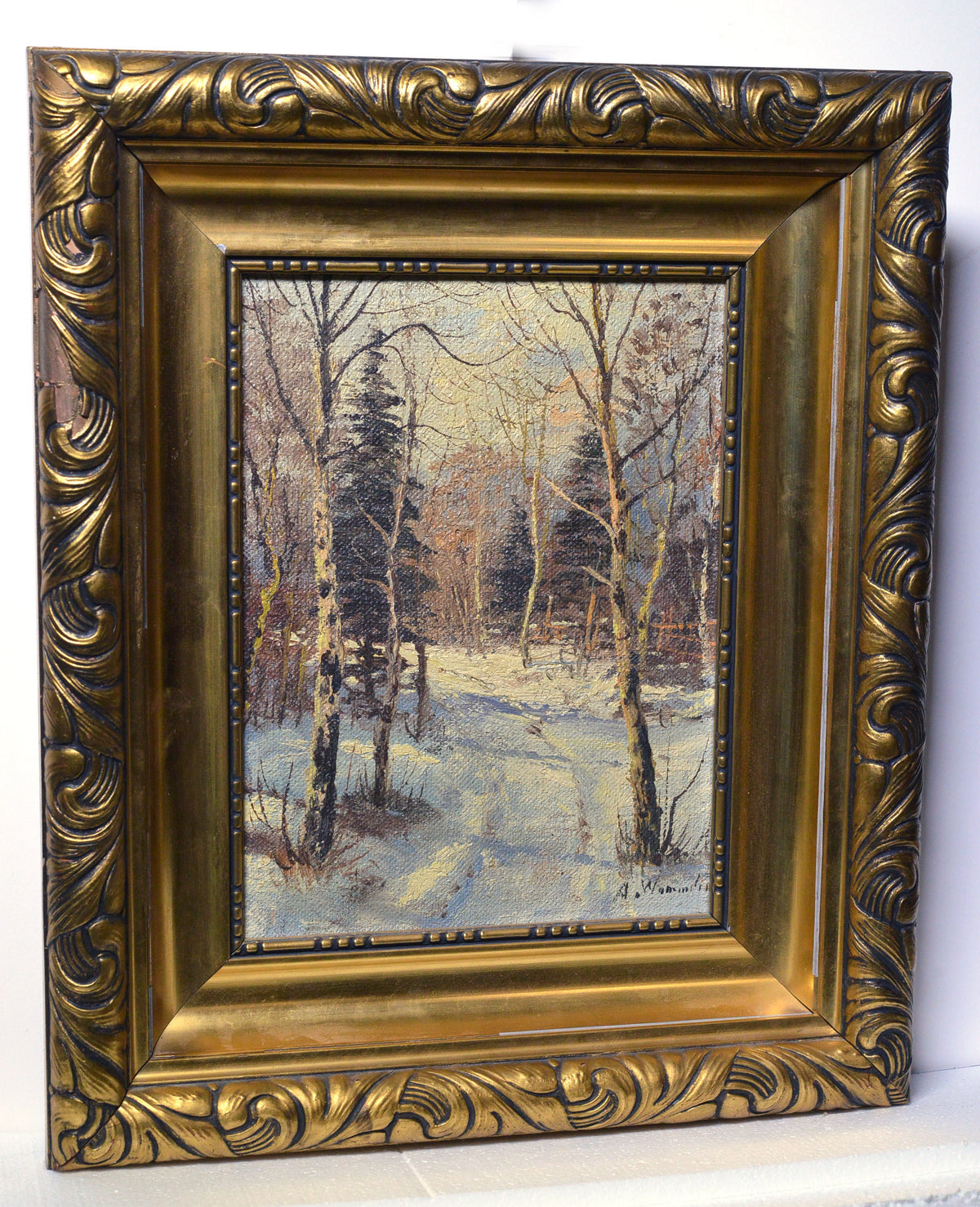 Winter forest w birches German landscape Signed pro painter Oil painting