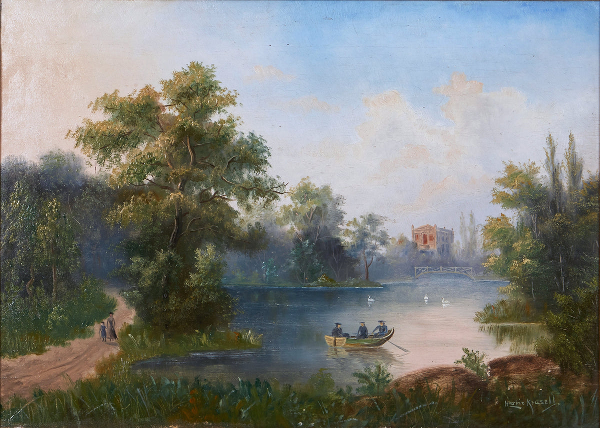 Swedish landscape Idyll park and pond 19th century Signed oil painting