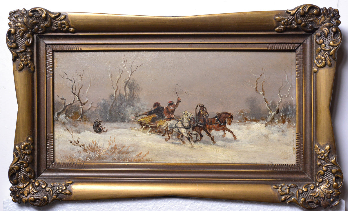 Russian troyka Wolf attack scene in winter 19C-20C Polish master pair oil paintings