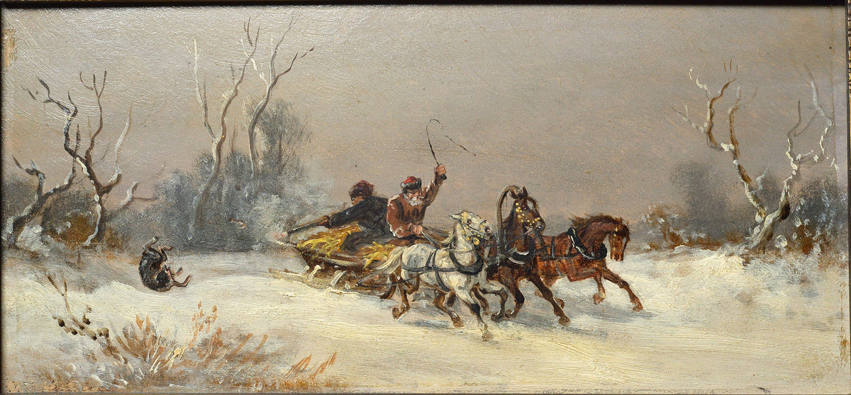 Russian troyka Wolf attack scene in winter 19C-20C Polish master pair oil paintings