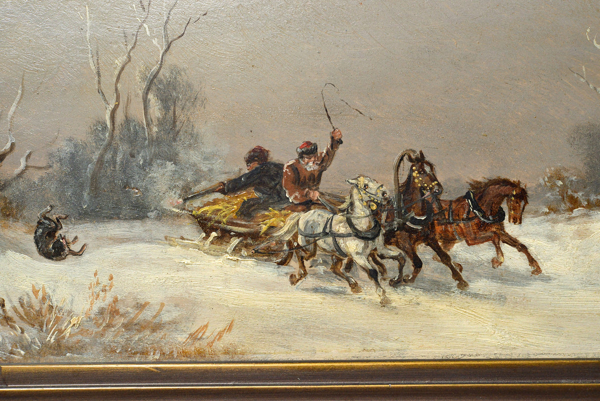 Russian troyka Wolf attack scene in winter 19C-20C Polish master pair oil paintings