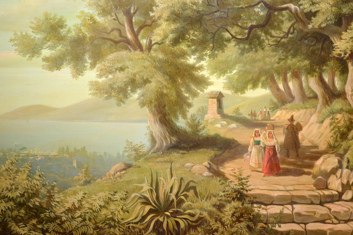 Italian landscape View of bay from foothills 19th century Large oil painting