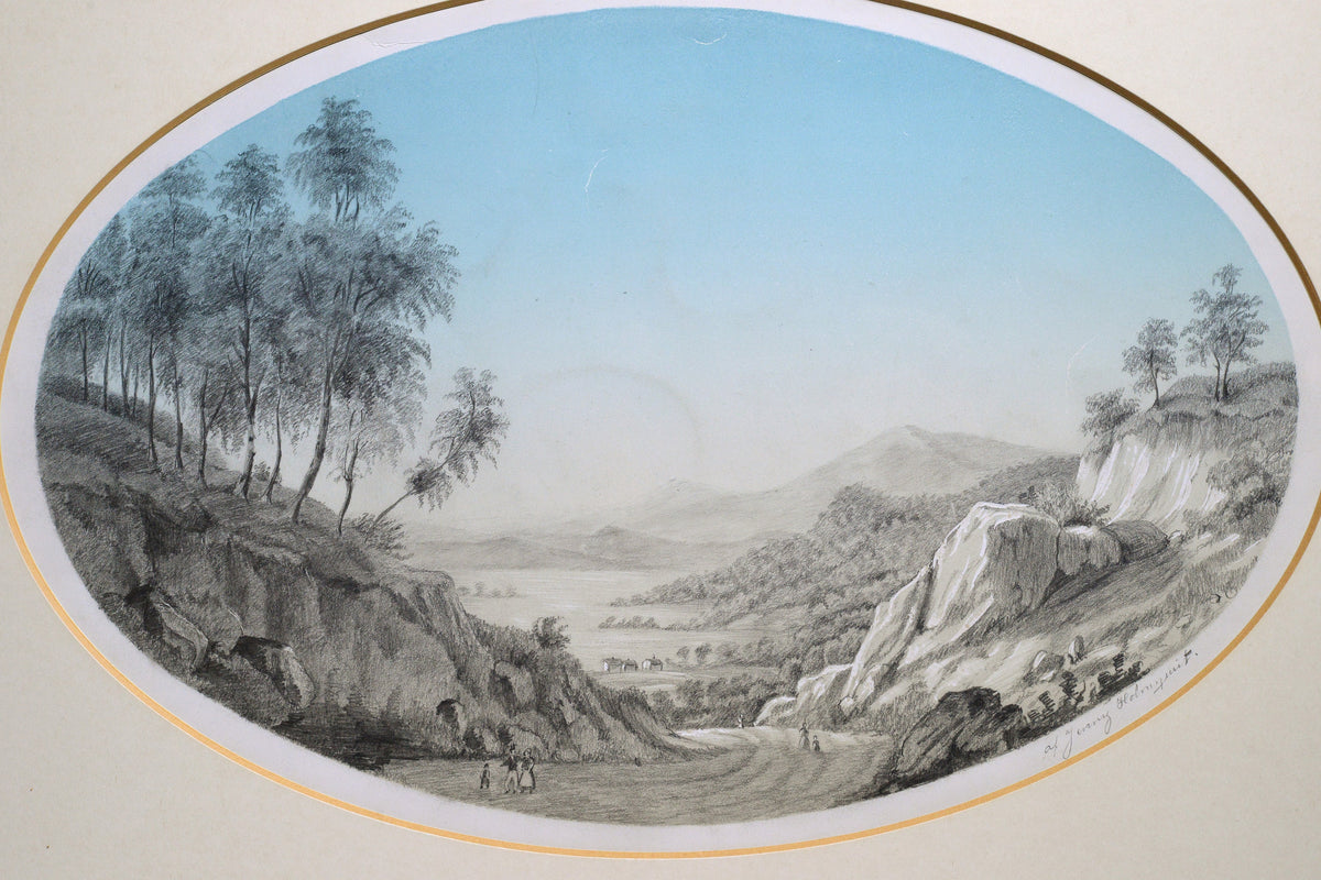 Early 19C signed antique grisaille drawing painting romantic landscape by lady