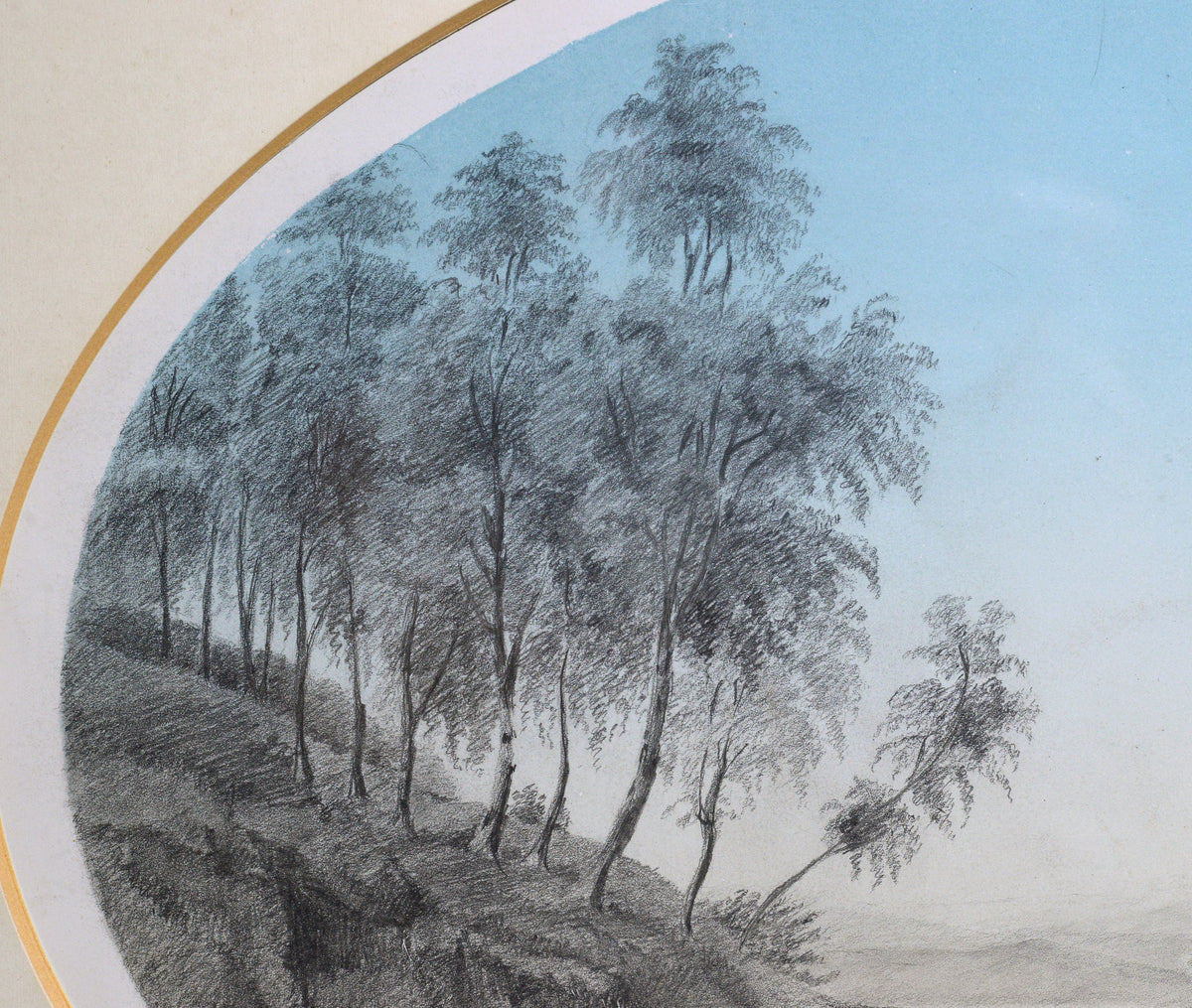 Early 19C signed antique grisaille drawing painting romantic landscape by lady