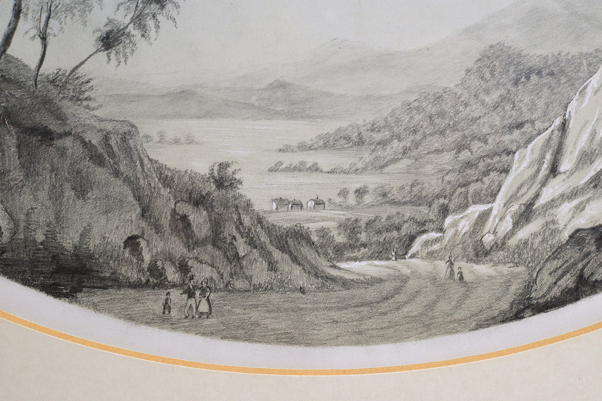 Early 19C signed antique grisaille drawing painting romantic landscape by lady