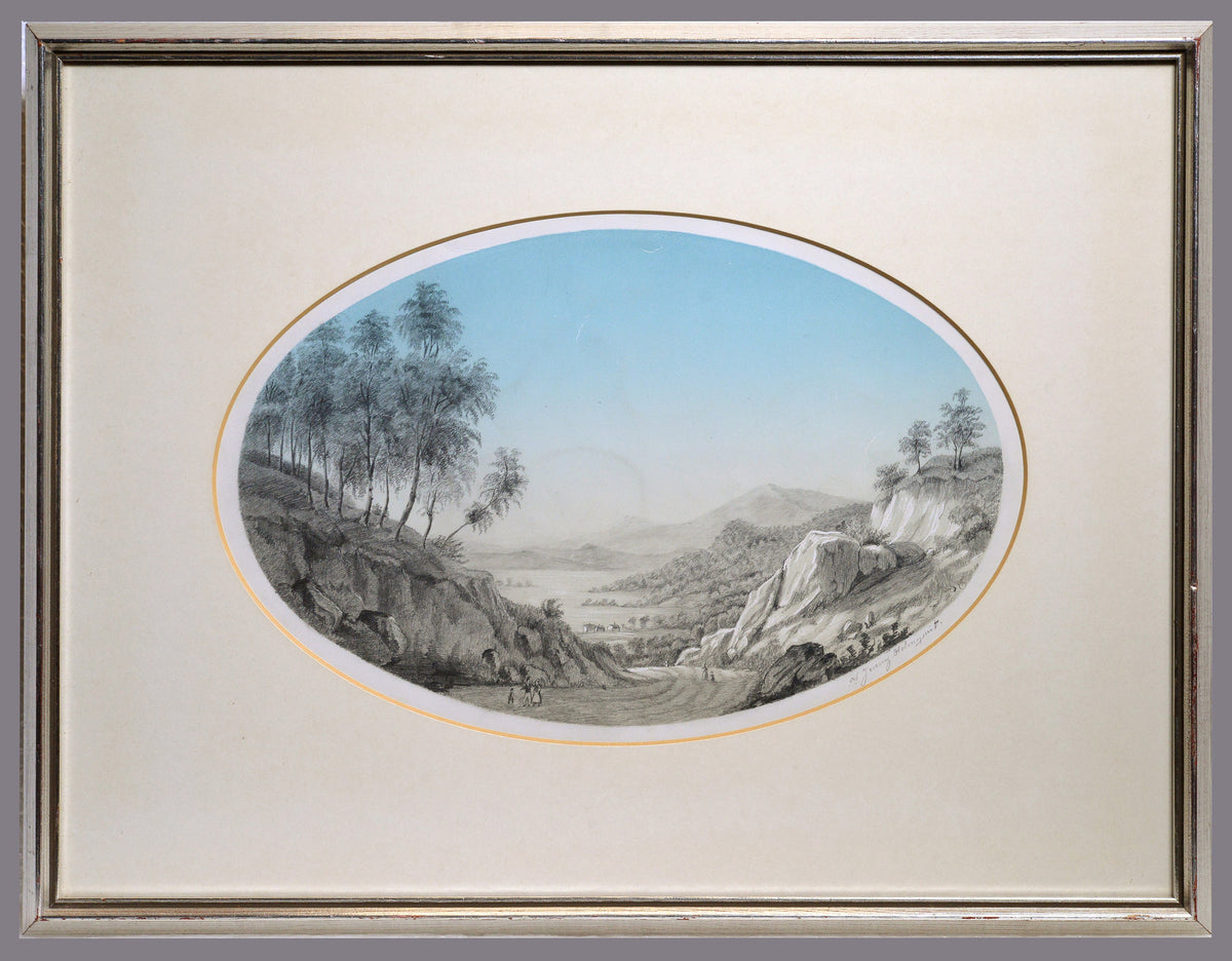 Early 19C signed antique grisaille drawing painting romantic landscape by lady