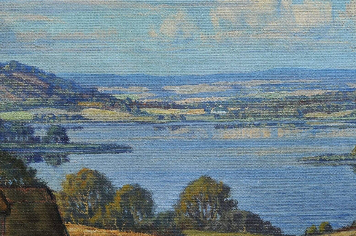 Scandinavian lakeland Danish landscape Art Deco oil painting 1936 Signed