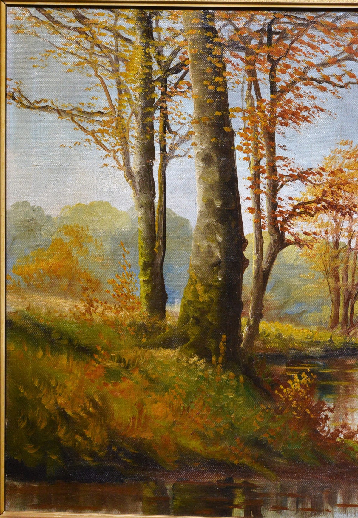 mid 20C Scandinavian nostalgic autumn landscape w river by professional master