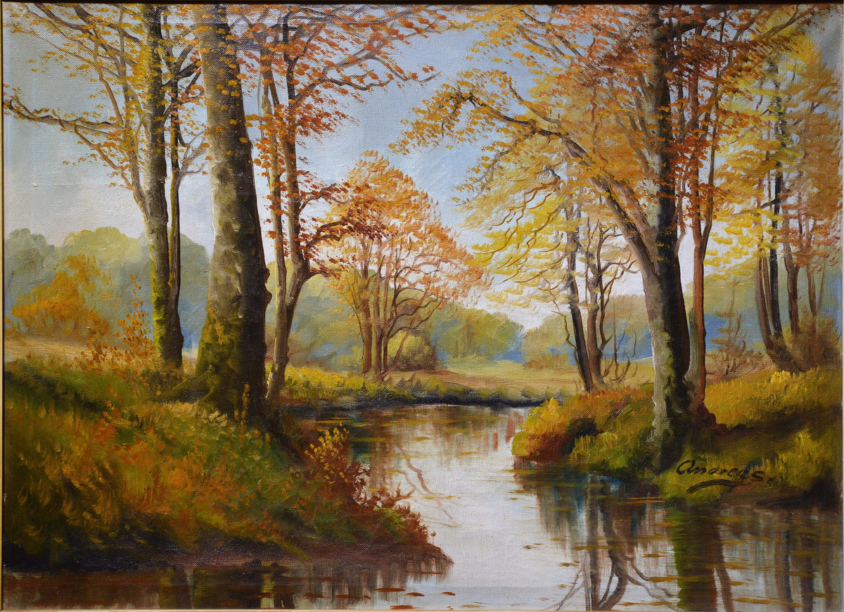 mid 20C Scandinavian nostalgic autumn landscape w river by professional master