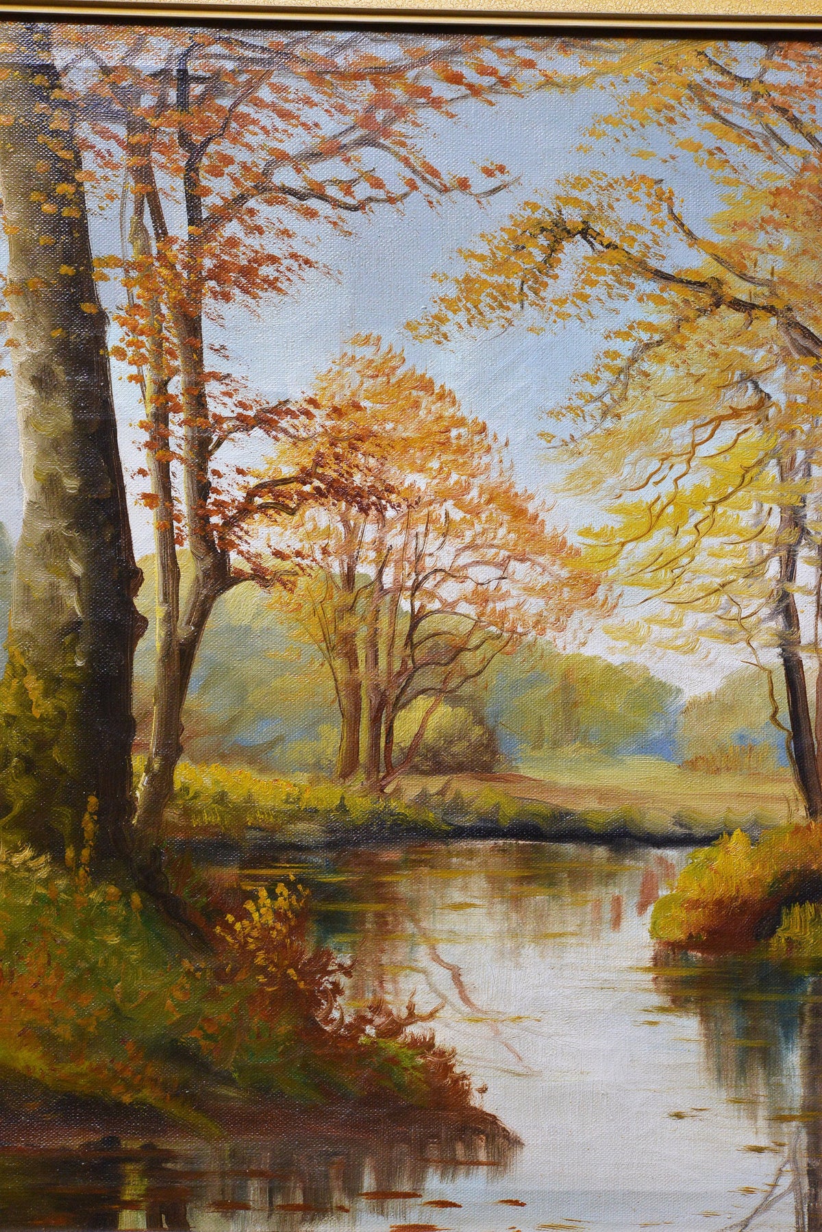 mid 20C Scandinavian nostalgic autumn landscape w river by professional master