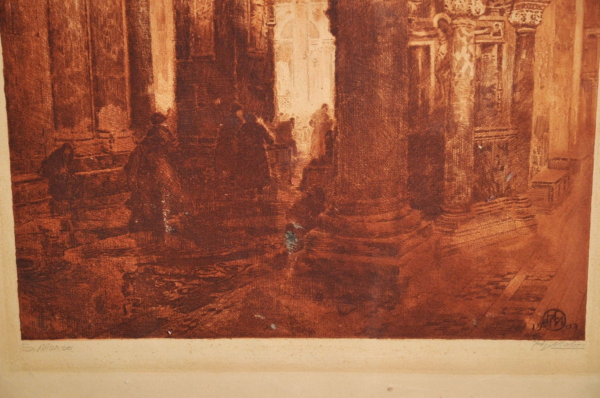 1907 antique swedish sepia etching Venetian cathedral interior w prayers