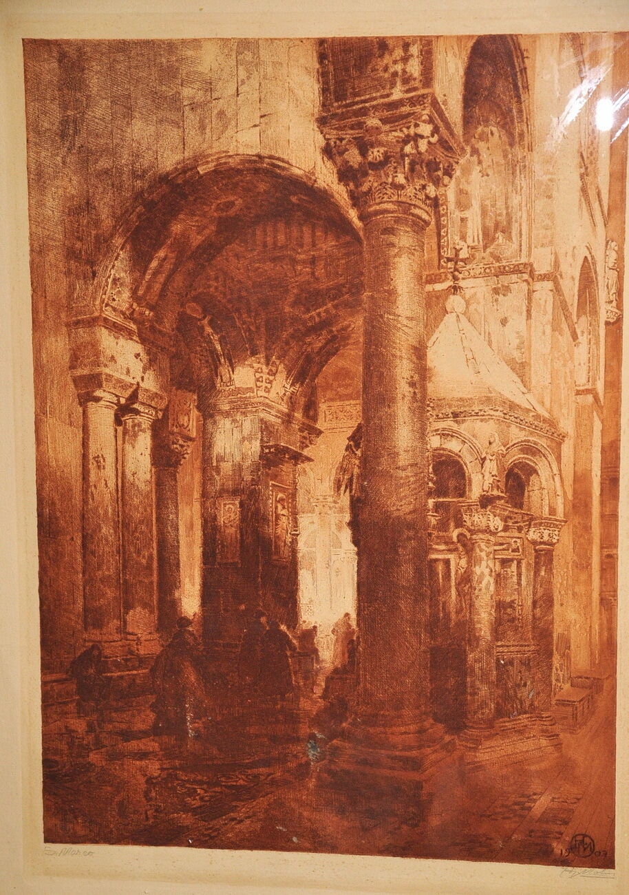 1907 antique swedish sepia etching Venetian cathedral interior w prayers