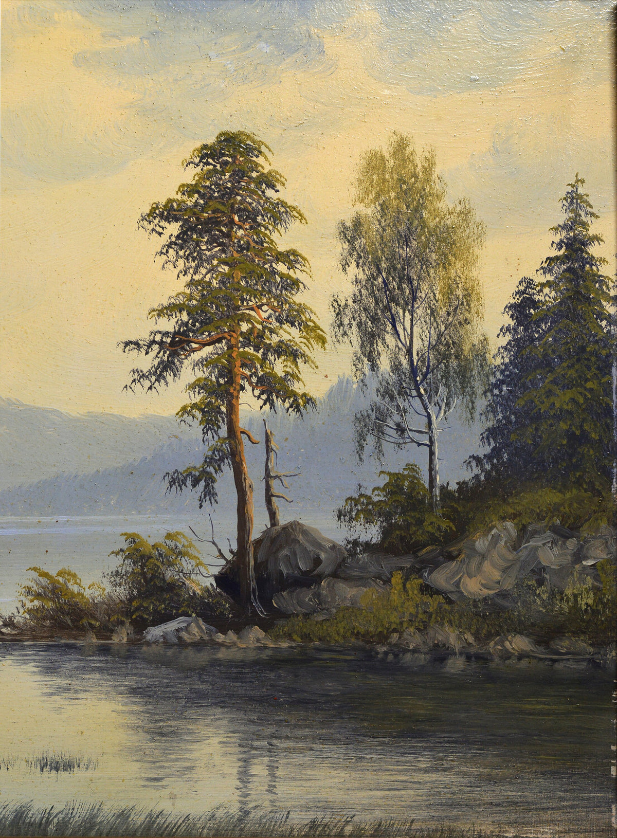 early 20C stunning lakeland fishing panoramic landscape Swedish painter