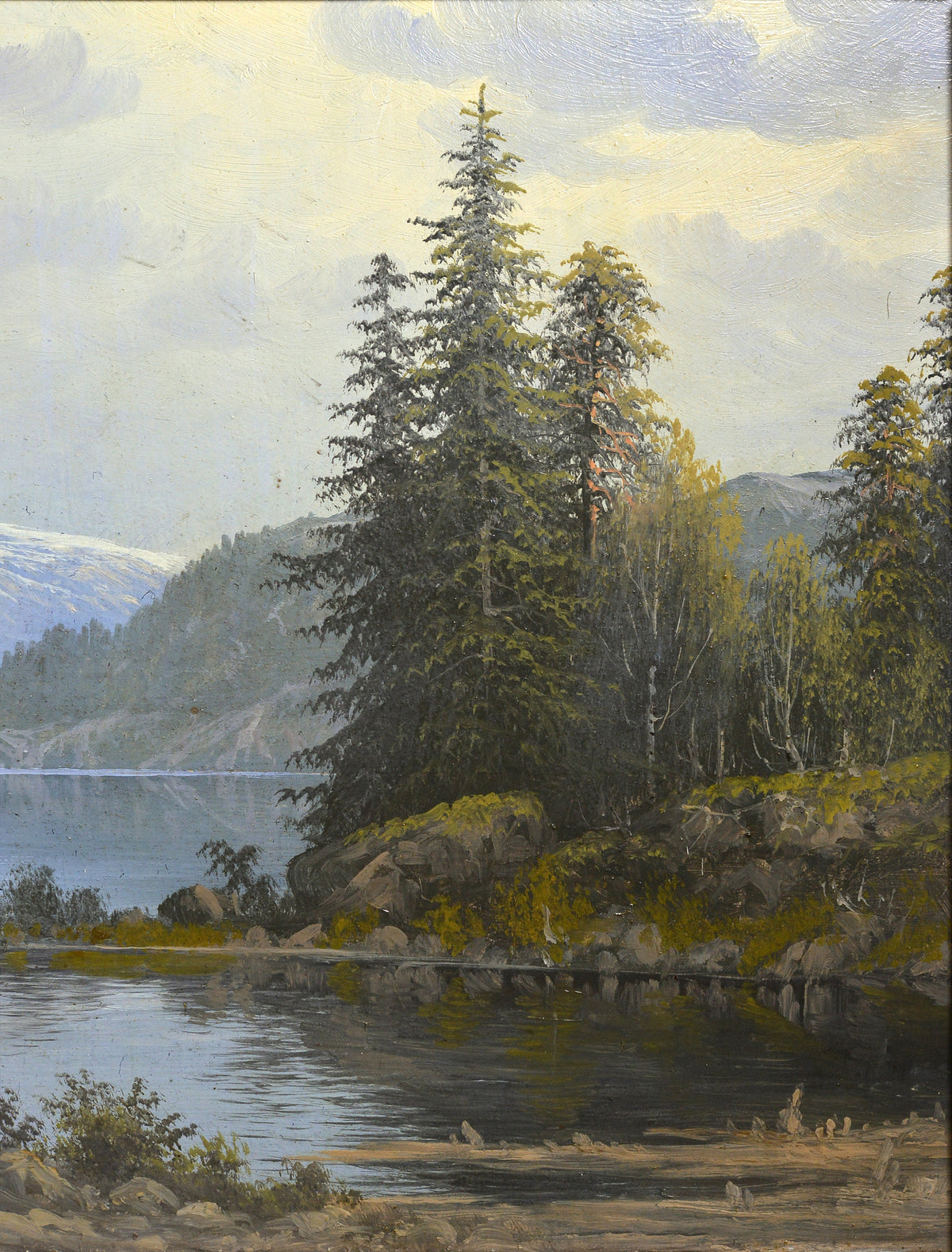 Fishing scene in stunning nordic lakeland landscape early 20C panoramic painting