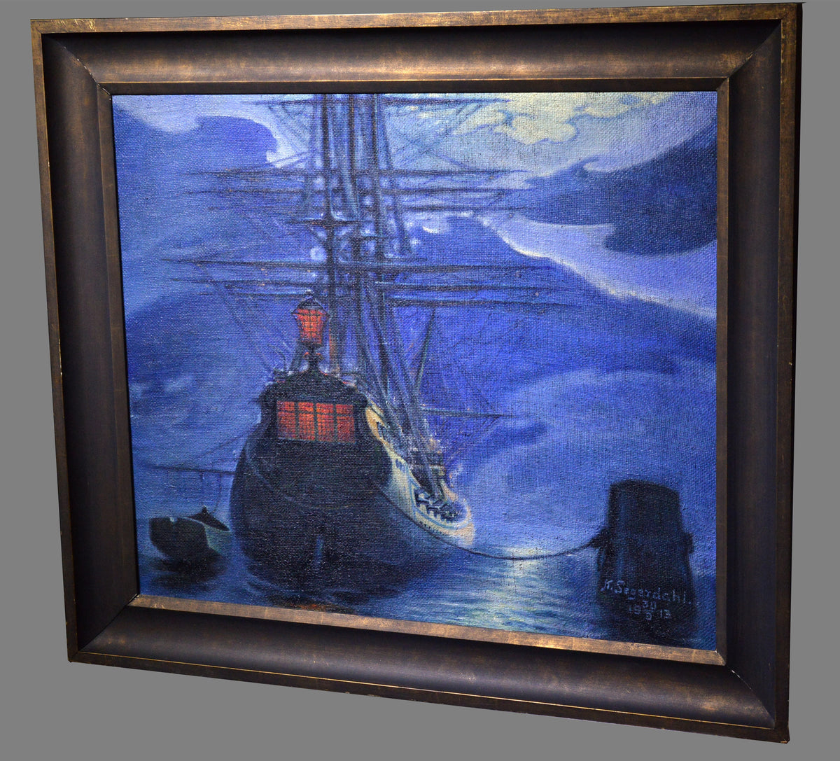 Old sailing ship fregate in blue moonlit fine marine modernist oil signed 1913