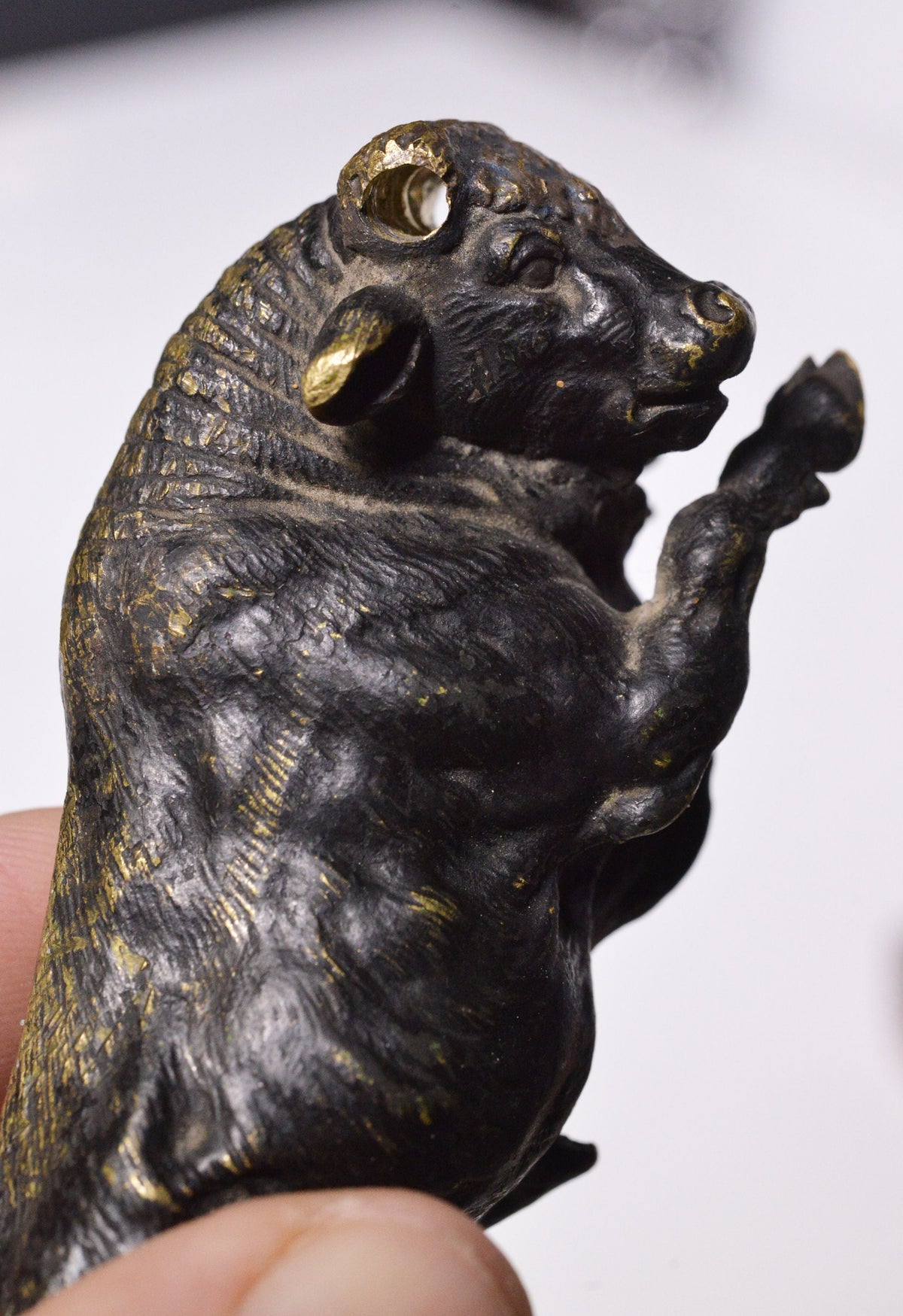 Fine 19C small antique bronze figurine of flying bull buffalo torres miniature