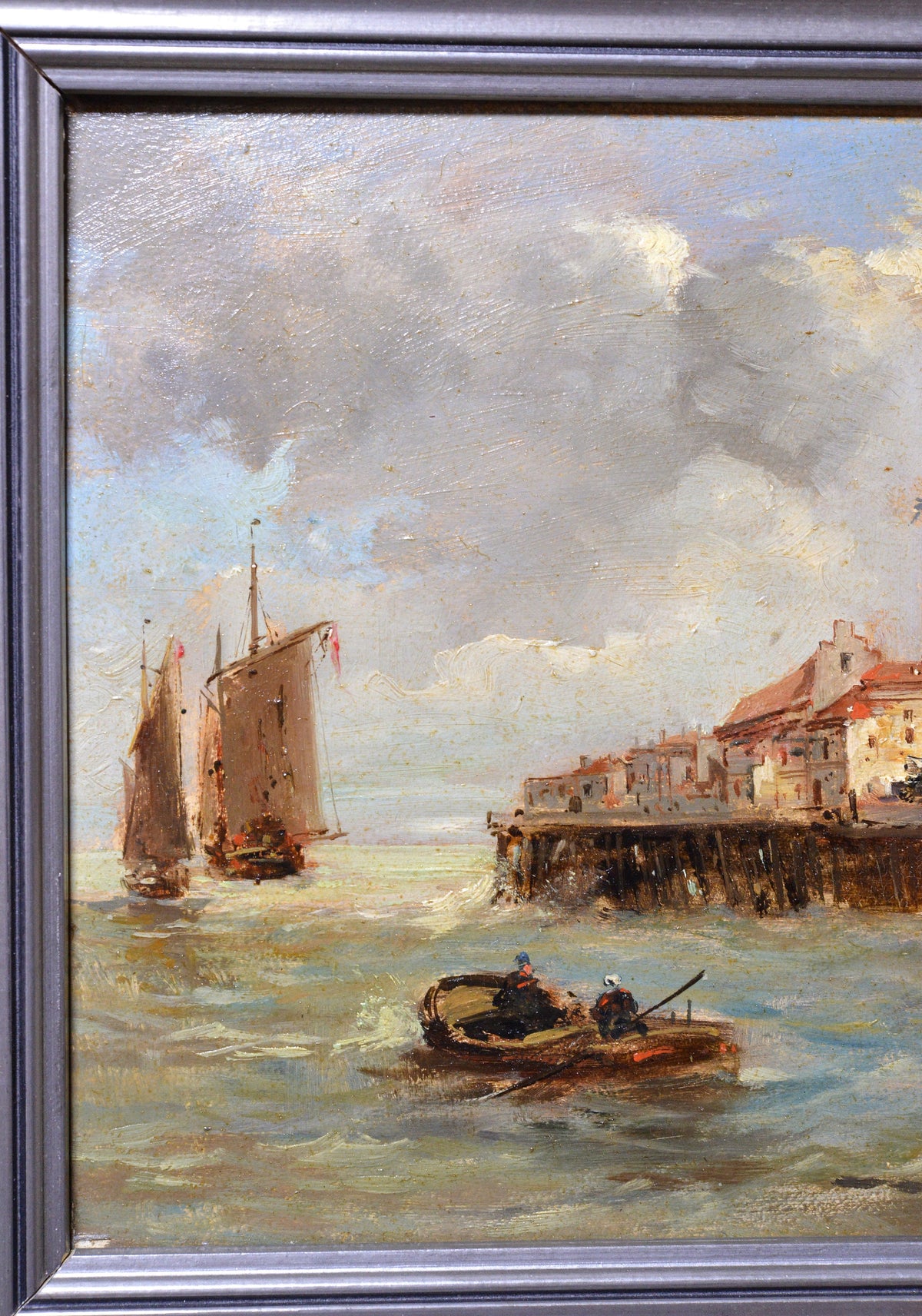 Seascape of a mediterranean coastal town 19C antique oil painting signed Zimore