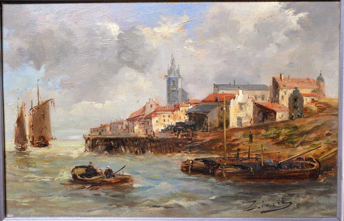 Seascape of a mediterranean coastal town 19C antique oil painting signed Zimore