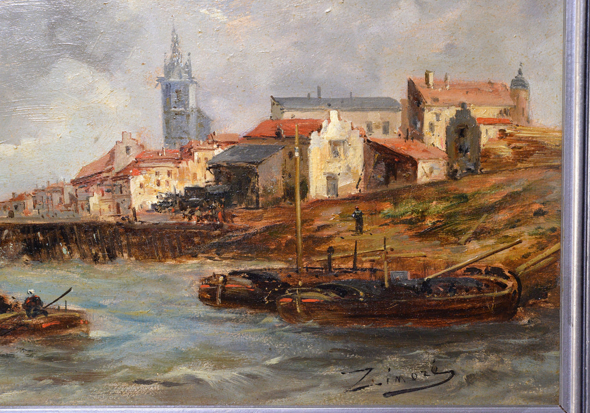 Seascape of a mediterranean coastal town 19C antique oil painting signed Zimore