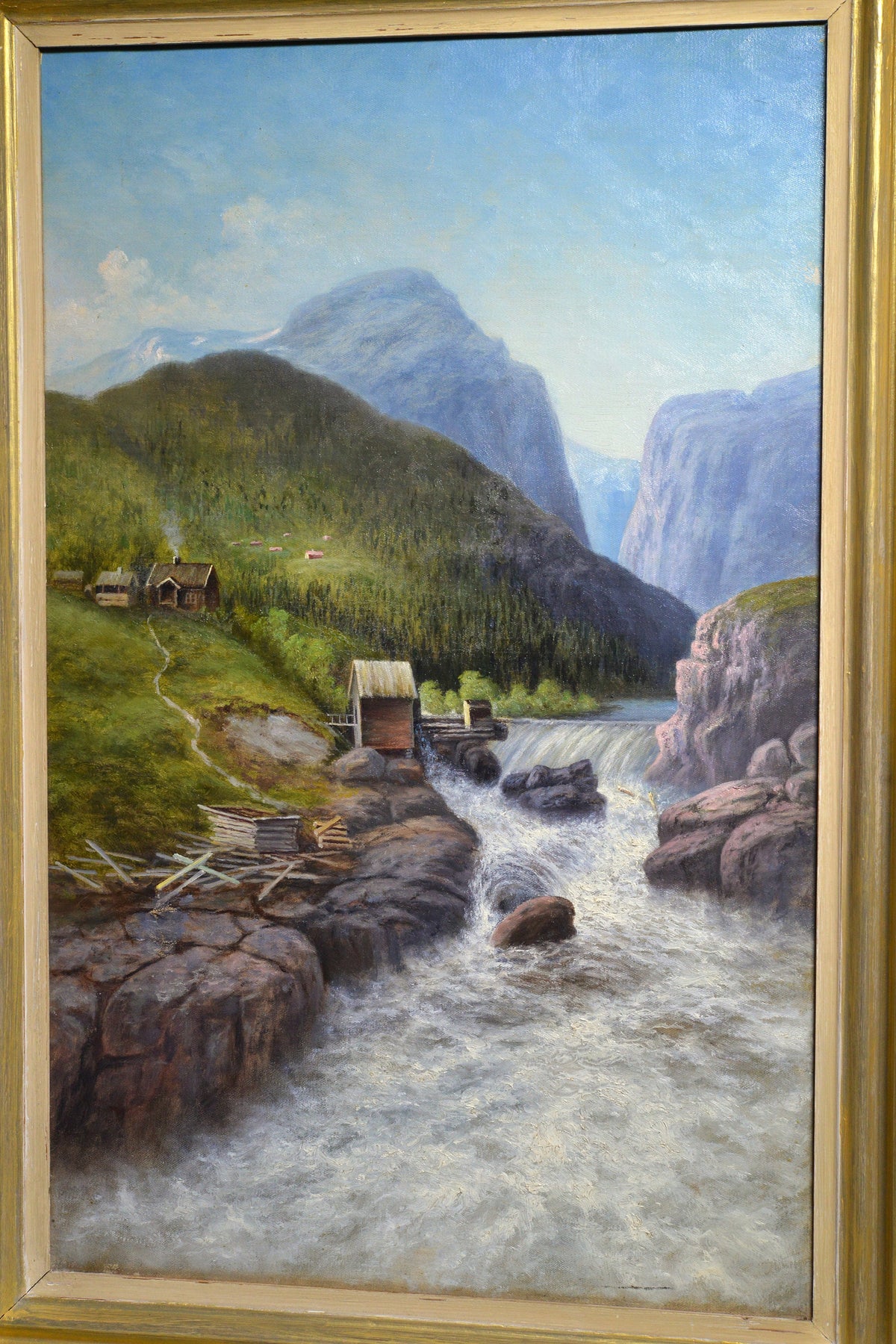 Vivid Alpine landscape w rapids by mountain river late 19C antique oil painting