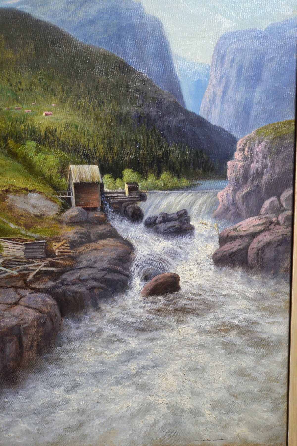 Vivid Alpine landscape w rapids by mountain river late 19C antique oil painting