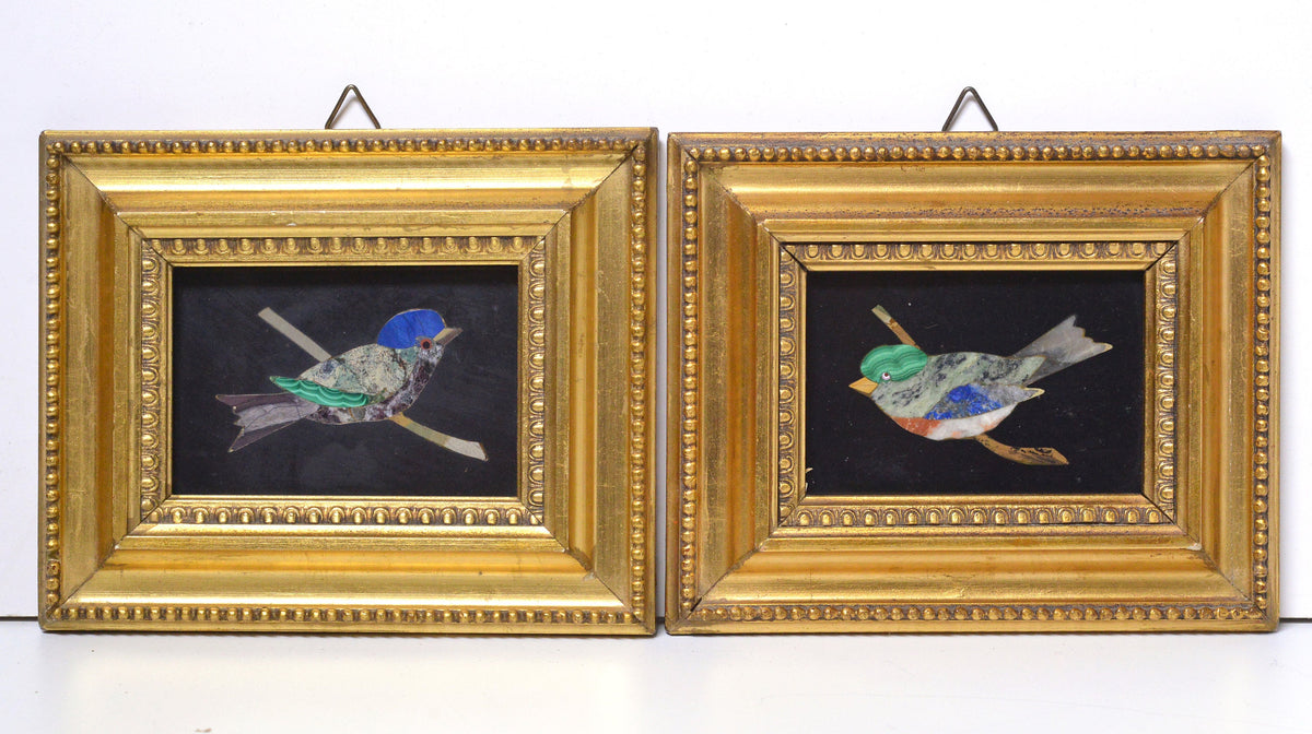 Pair panels of antique Italian Firenze mosaic Pietra Dura 2 birds well framed