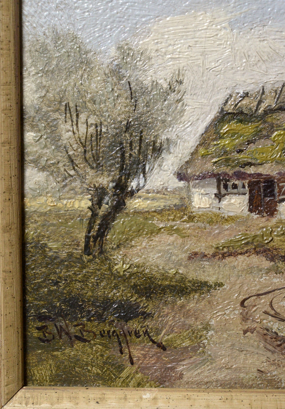 Sunny Day on Farmhouse 20th Сentury Scandinavian Landscape Oil Painting, Signed