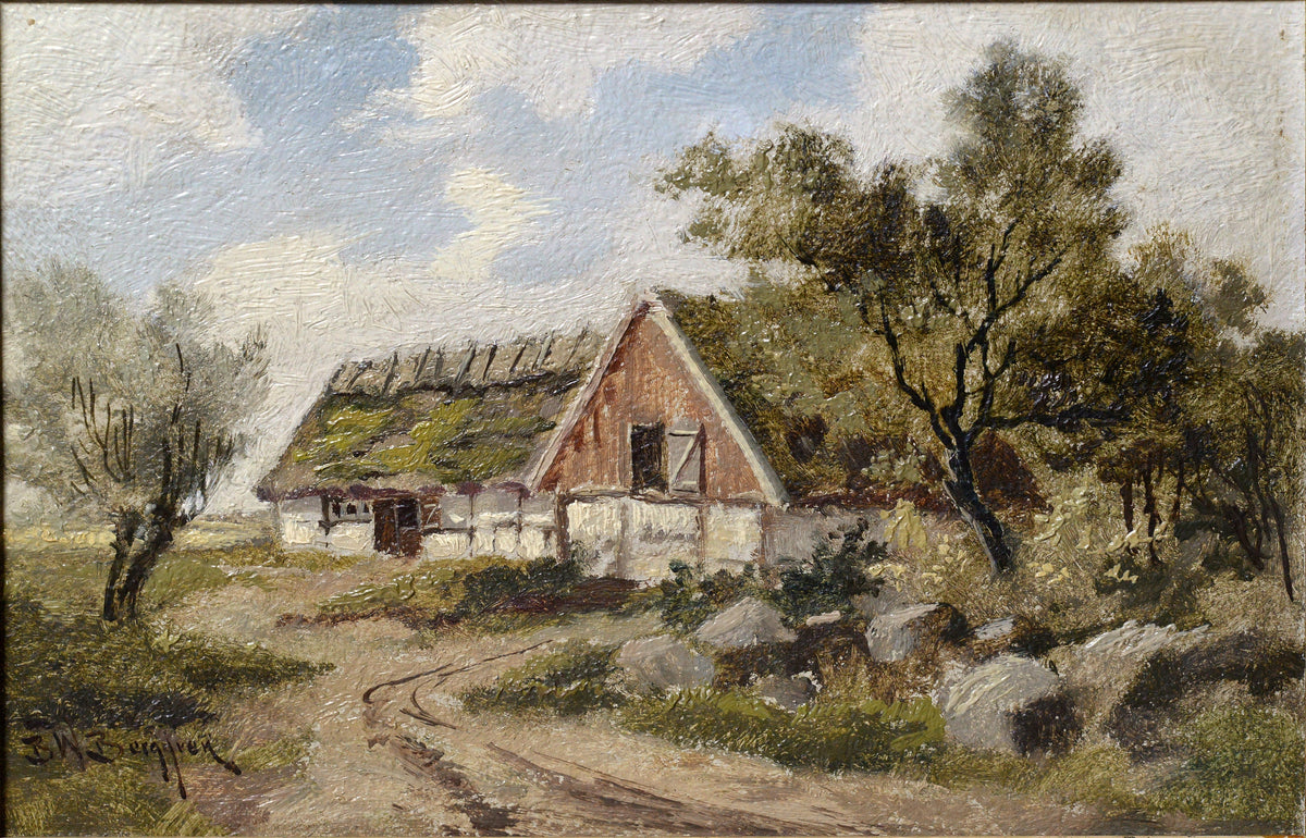 Sunny Day on Farmhouse 20th Сentury Scandinavian Landscape Oil Painting, Signed