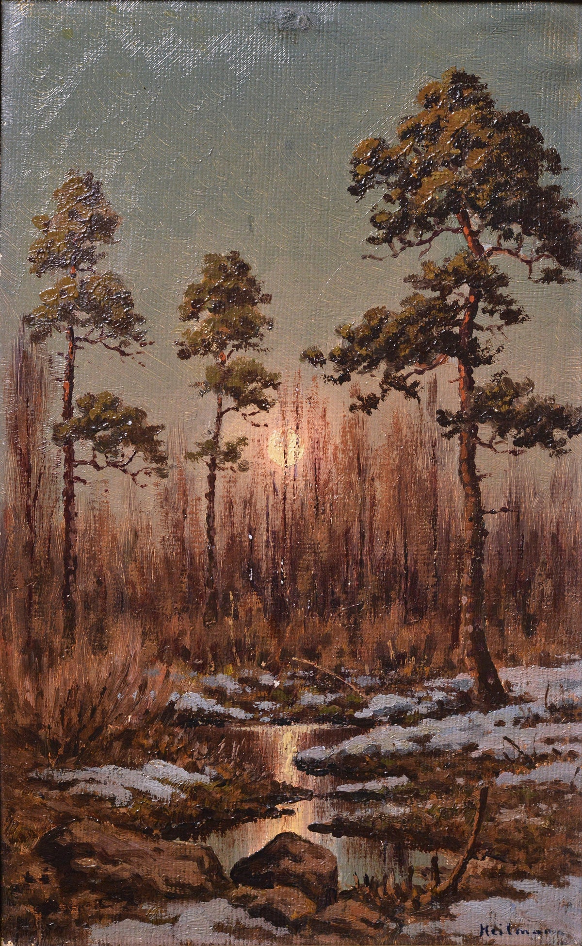 Winter forest at sunset Vertical landscape Oil painting Signed by Heilmann