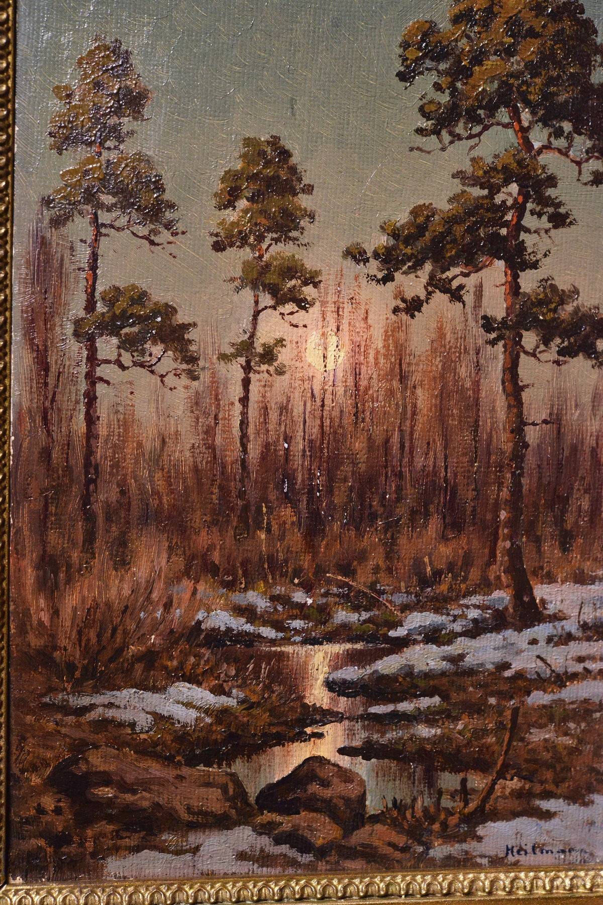 Winter forest at sunset Vertical landscape Oil painting Signed by Heilmann