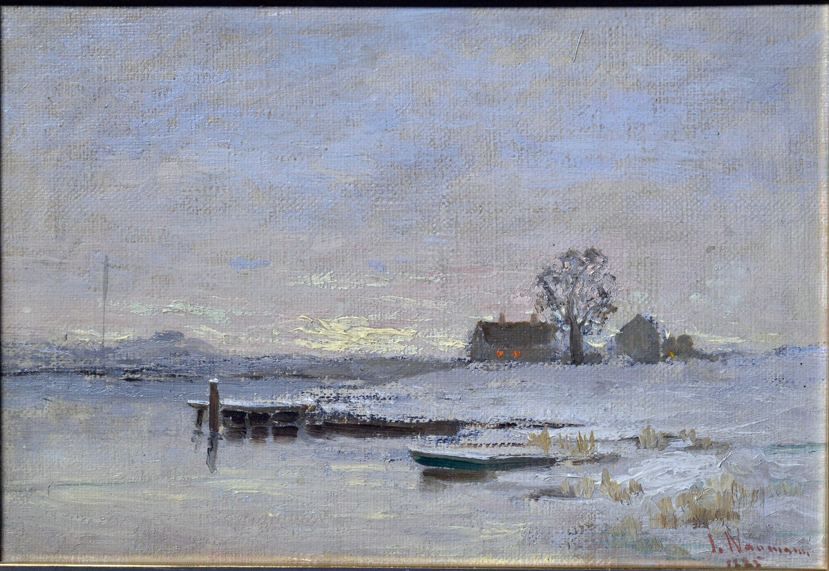 Winter evening by lake shore Swedish oil landscape by I. Naumann 19th century