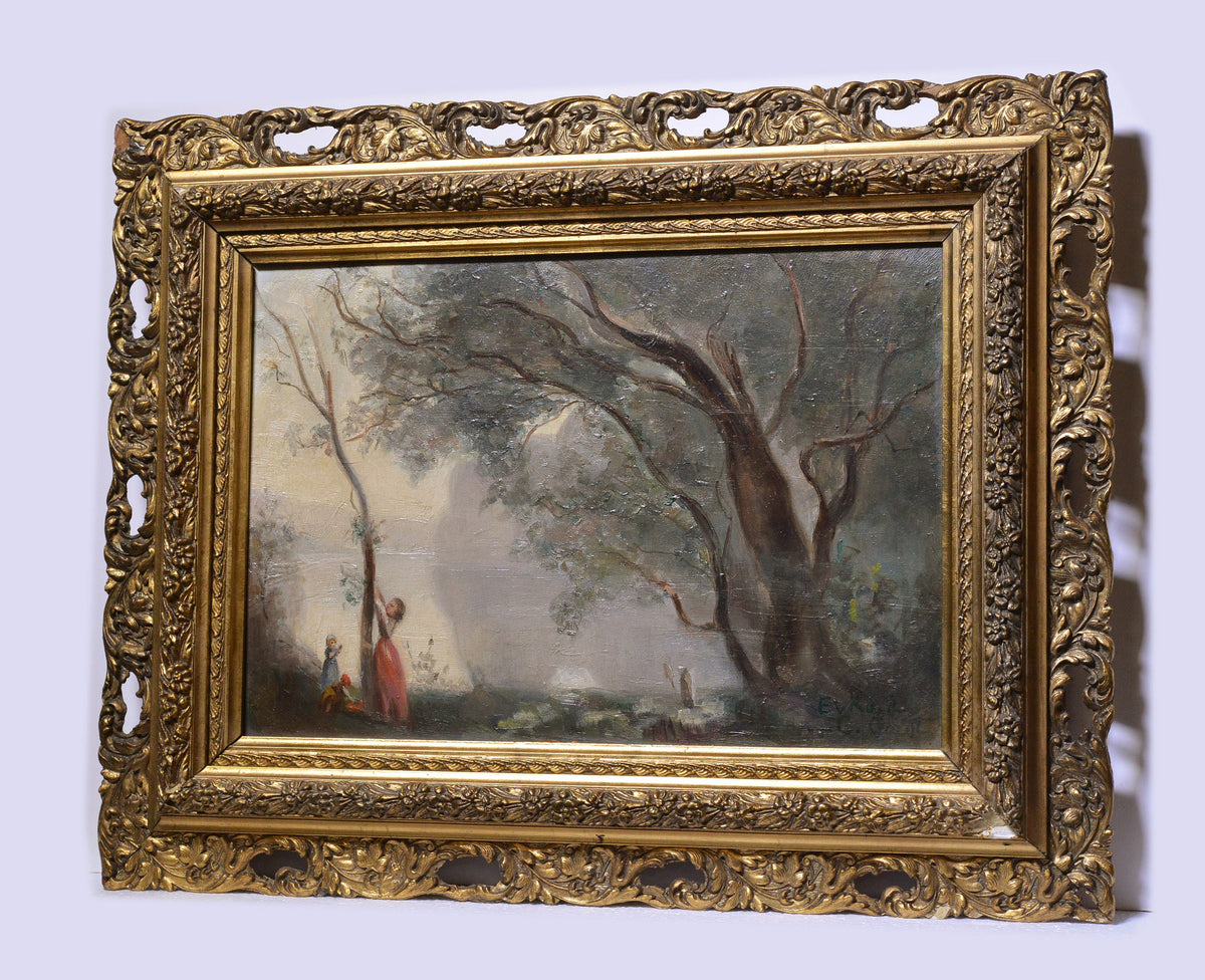 Park leisure at hazy lake shore 19C landscape antique oil painting