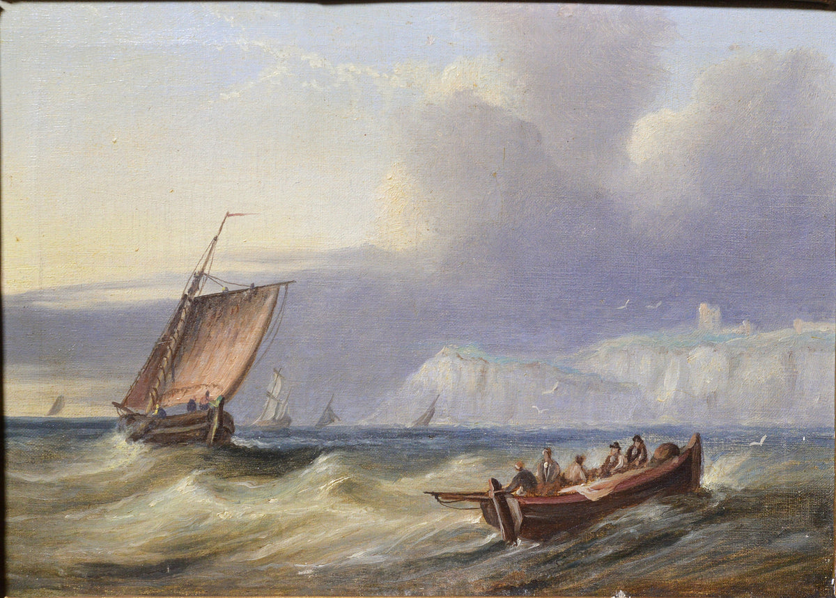 Sailing vessels in windy seascape mid 19C antique marine master oil painting